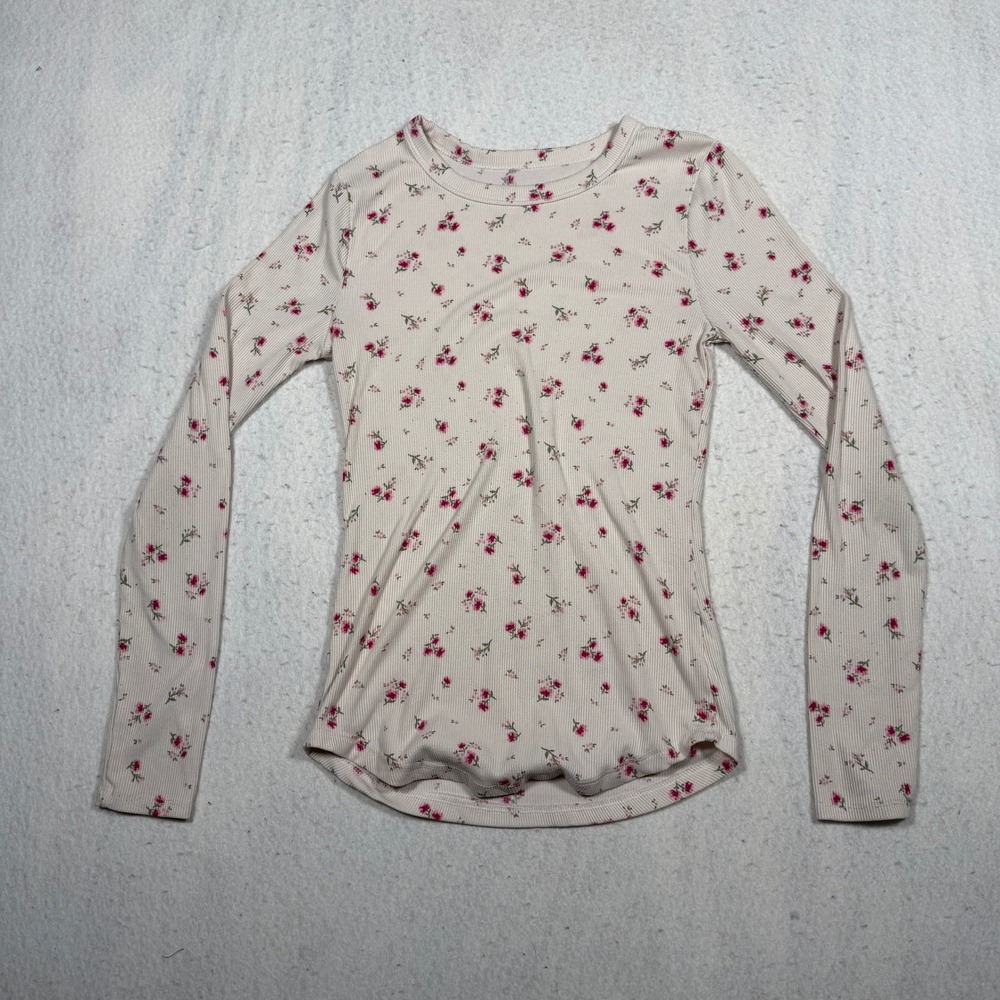 No Boundaries Womens XS Ribbed Floral Long Sleeve Crew Neck Top Cream Pink